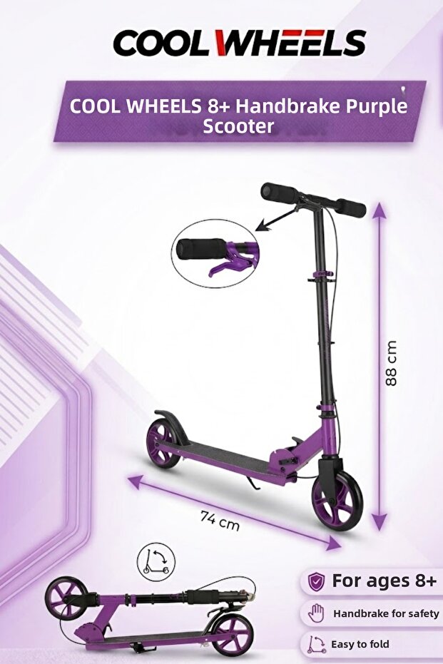 Safe Brake 2-Wheel Foldable Kids' Scooter – Hand Brake Safety System, 88 cm Adjustable Length, Practical and Portable (Ages 8+)