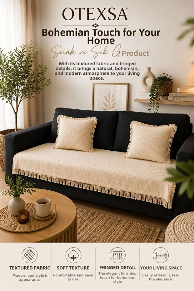 Bohemian Textured Sofa Cover and 2-Piece Tufted Throw Pillow Cover Decorative Living Room Set