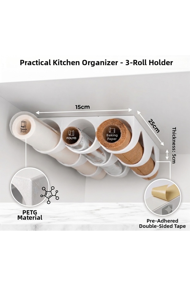 Kitchen Roll Organizer | Greaseproof Paper, Foil, Stretch Film (1 Piece, 3-Compartment)