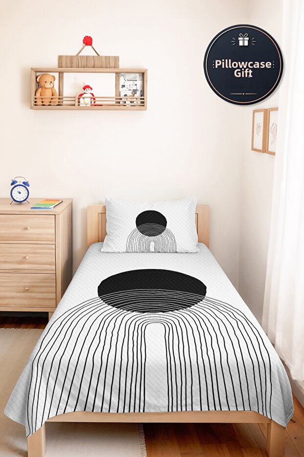 Black Geometric Youth Room Single Pique Set - Modern Striped 160X220 cm Quilted Bedspread