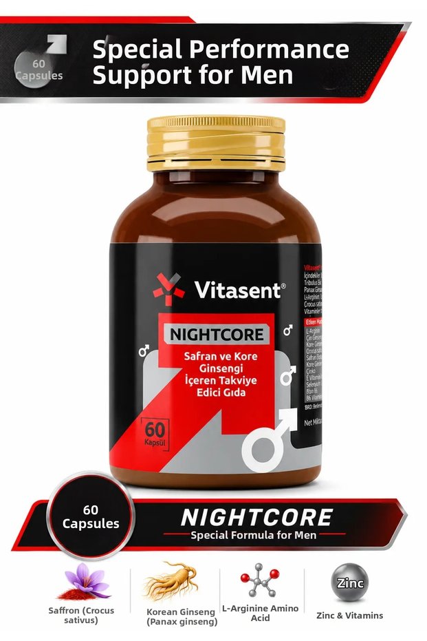 Nightcore Multivitamin Supplement for Men 60 Capsules – Saffron, Korean Ginseng, L-Arginine, Zinc, B6 - Daily Vitality, Resilience, Energy & Endurance