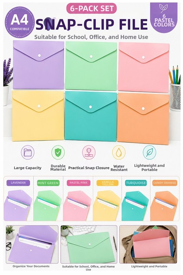 Snap File 6 Colors Pastel A4 1 Pack File Plastic Colorful Envelope File Snap File Homework Document Organizer
