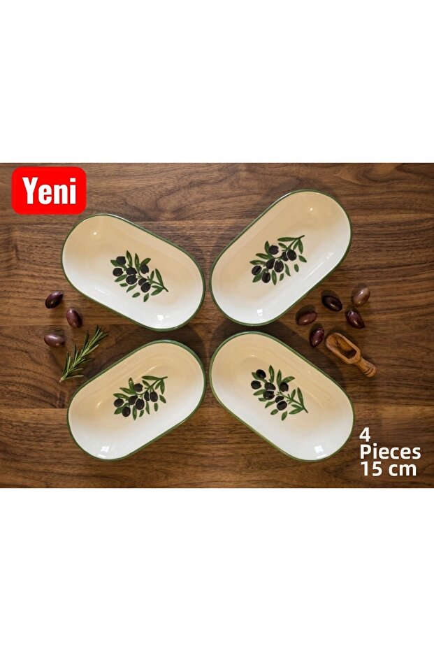 Plate Kayık Presentation & Breakfast Snack Plate 4 Pieces 15 cm Olive Green