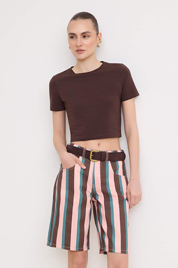 Pembe Kahverengi Çizgili Denim Bermuda TWOSS26SR00257 - 2