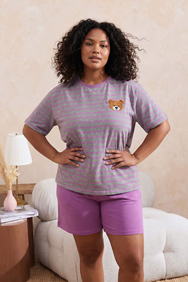Gri-Çok Renkli Ayıcık Baskılı Çizgili Örme Büyük Beden Pijama Takımı TBBSS26AI00084 - 2