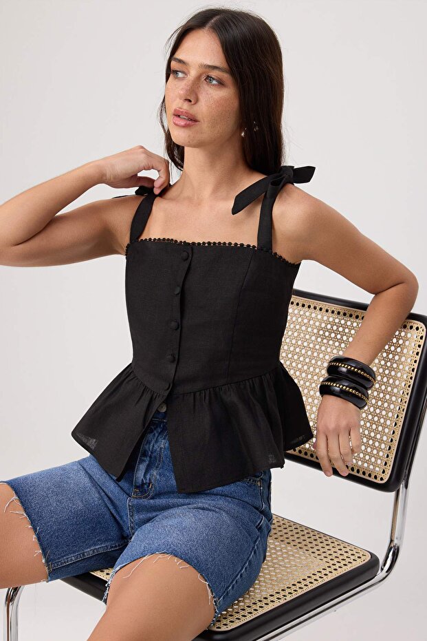 Siyah %100 Keten Aksesuar Detaylı Peplum Bluz TWOSS26BZ00681 - 2