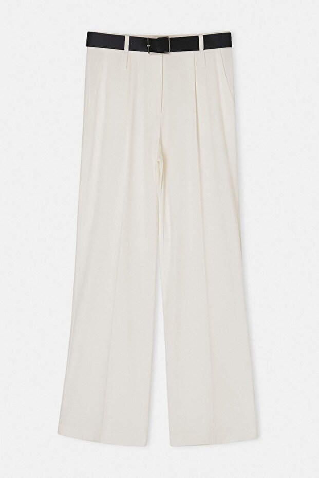 Limited Edition Beyaz Wide Leg Kemerli Dokuma Kumaş Pantolon TWOSS24PL00104 - 1