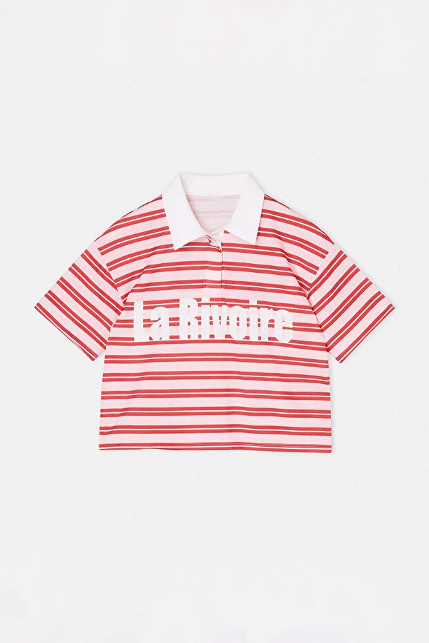 Pembe Kırmızı Çizgili Polo Yaka Baskılı T-Shirt TDRSS26TS00027 - 4
