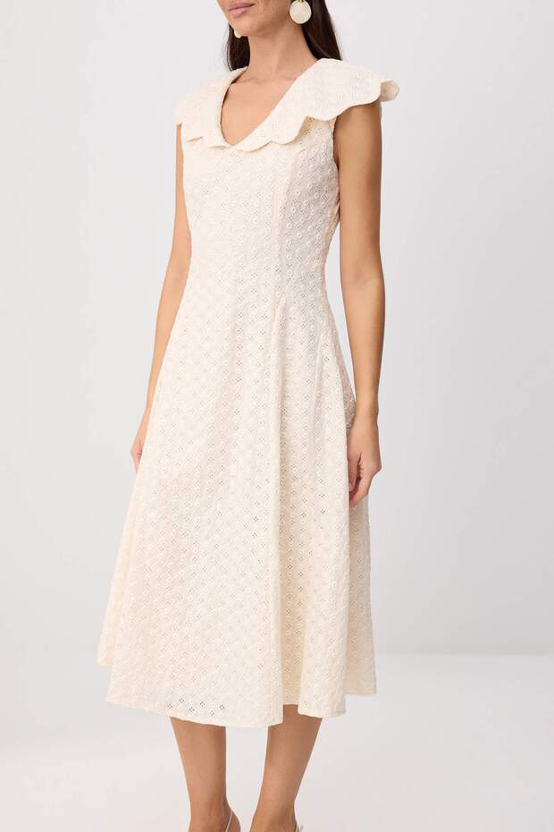 Beyaz Brode Midi Dokuma Elbise TWOSS26EL00798 - 3