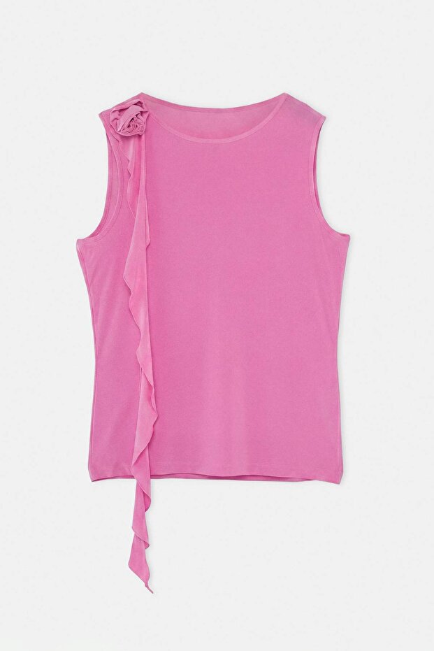 Pembe Çiçek Detaylı Örme Büyük Beden Bluz TBBSS26AF00058 - 4