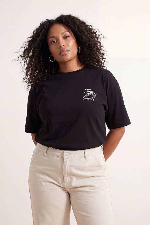 Siyah %100 Pamuk Oversize/Geniş Kalıp Galaksi Baskılı Büyük Beden Örme T-Shirt TBBSS26BF00009 - 3
