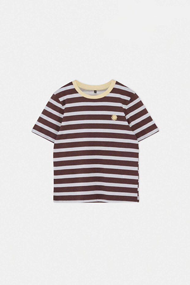 Sarı Çizgili Örme T-Shirt TKDSS25TS00037 - 4