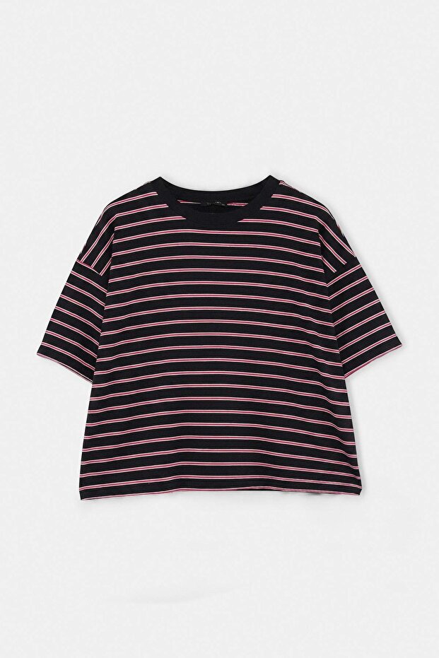 Siyah Çizgili Boxy/Relaxed Kalıp Kısa Kollu Pamuk Karışımlı Örme T-Shirt TBBSS26BF00088 - 1