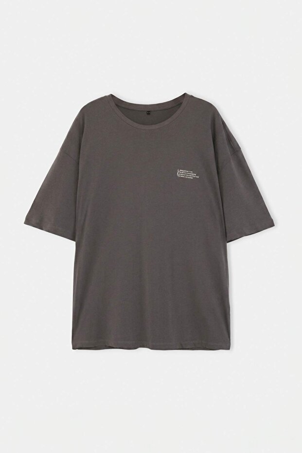 Büyük Beden Antrasit Oversize/Geniş %100 Pamuk Slogan Baskılı T-Shirt TMNSS26BF00004 - 4