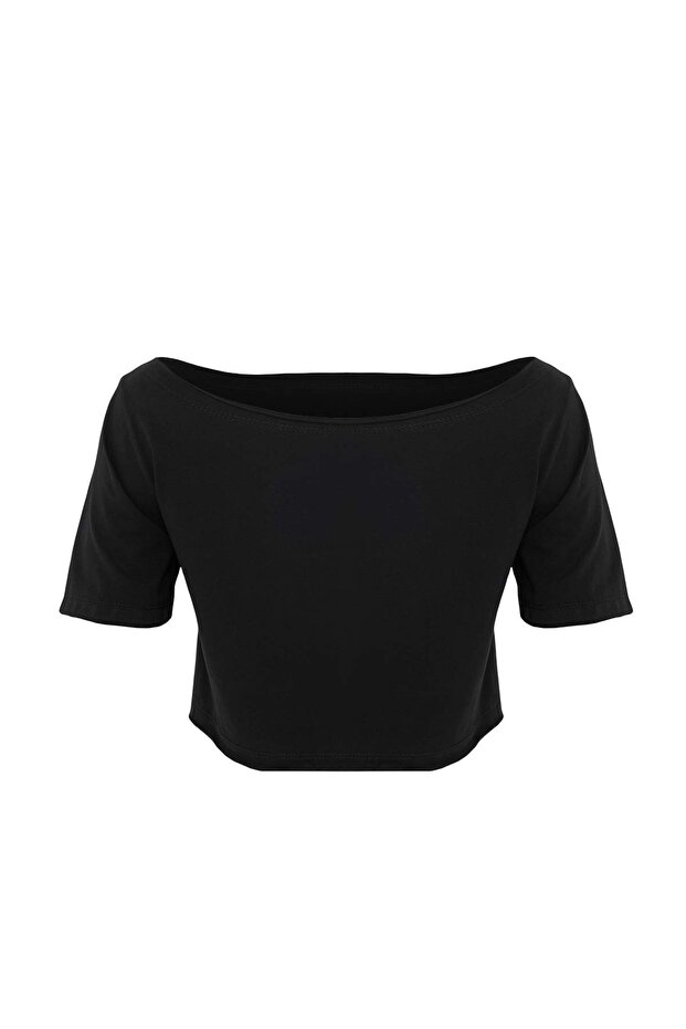 Siyah %100 Pamuk Tekli Kayık Yaka Relaxed Örme T-Shirt TWOSS25TS00194 - 3