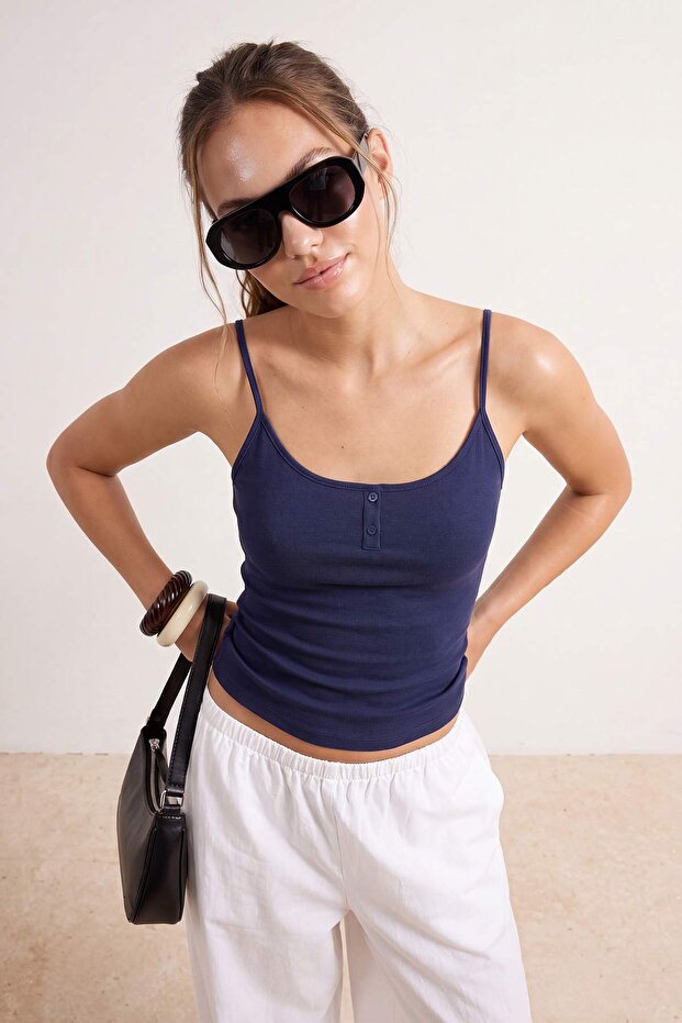 Navy Blue Plain Fitted Pool Collar Spaghetti Strap Sleeveless P Cotton R Rib Knit Knitted Undershirt Twoss26Al00034