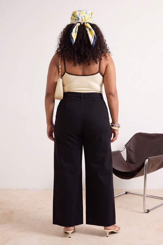 Siyah Yüksek Bel Geniş Paça %100 Pamuk Büyük Beden Wide Leg Jeans TBBAW25CJ00001 - 4