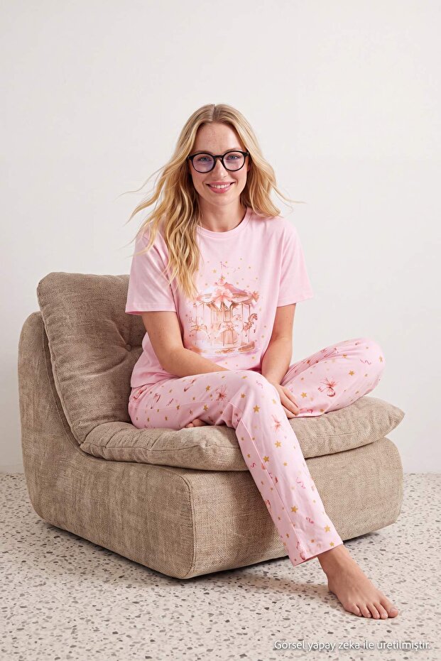Pembe %100 Pamuklu Kurdele ve Yıldız Baskılı Örme Pijama Takımı THMAW26PT00116