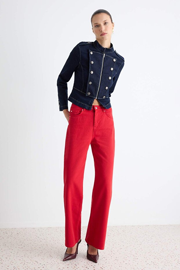 Kırmızı %100 Pamuk Yüksek Bel Wide Leg Jeans TWOAW27JE00024