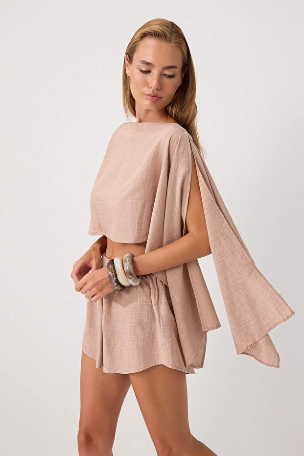 Mink Woven Drawstring Beach Blouse Shorts Set Tbess26Au00033