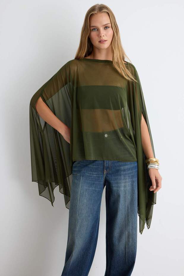 Haki Düz Oversize Kayık Yaka Yarasa Kol Kolsuz Pelerin Tül Örme Bluz TWOSS26BZ01039
