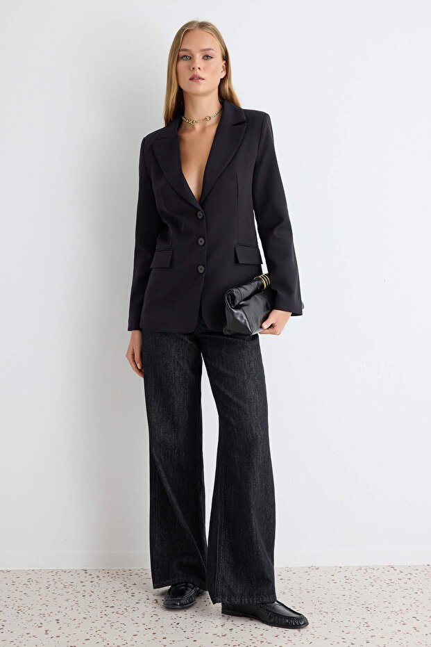 Siyah Regular Astarlı Düğmeli Dokuma Blazer Ceket TWOAW22CE0168 - 1