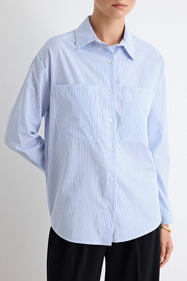 Mavi Çizgili Cep Detaylı Oversize/Geniş Kalıp Dokuma Gömlek TWOAW23GO00359 - 3