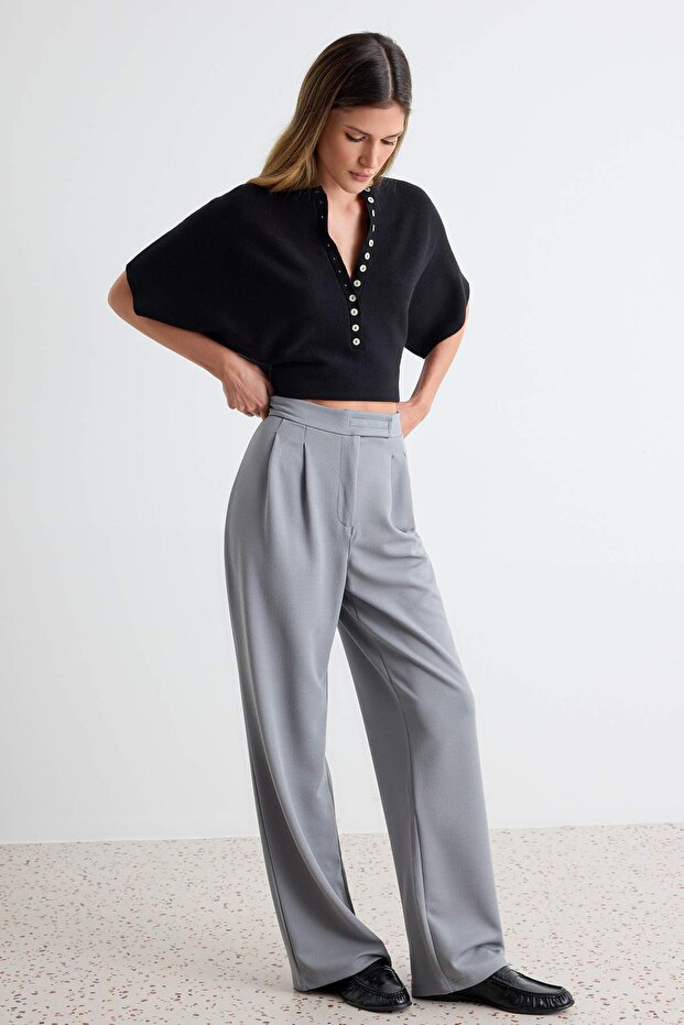 Yunus Gri Cırt Cırt Kapamalı Yüksek Bel Pileli Wide Leg/Geniş Kesim Örme Pantolon TWOAW24PL00177 - 2