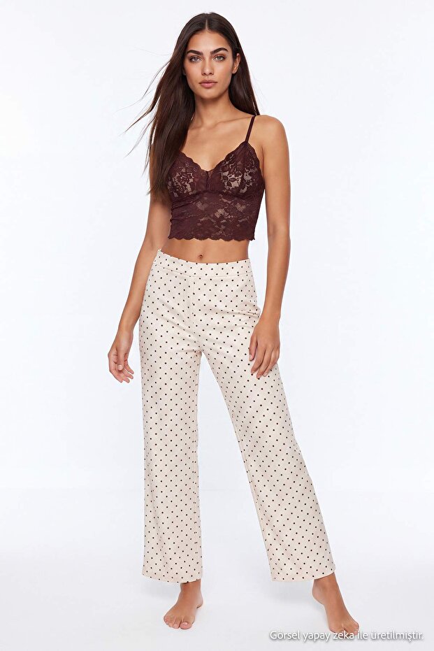 Ekru-Kahverengi 3'lü Çeyiz Set Üst Dantel, Alt Saten Askılı Külotlu Dokuma Pijama Takımı THMAW26PT00077 - 2