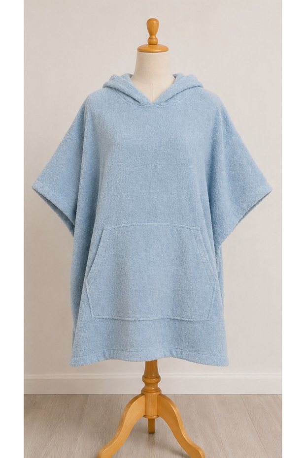 Light Blue Hooded Beach and Bath Poncho - Unisex Adult Bathrobe Towel - Made of Defol