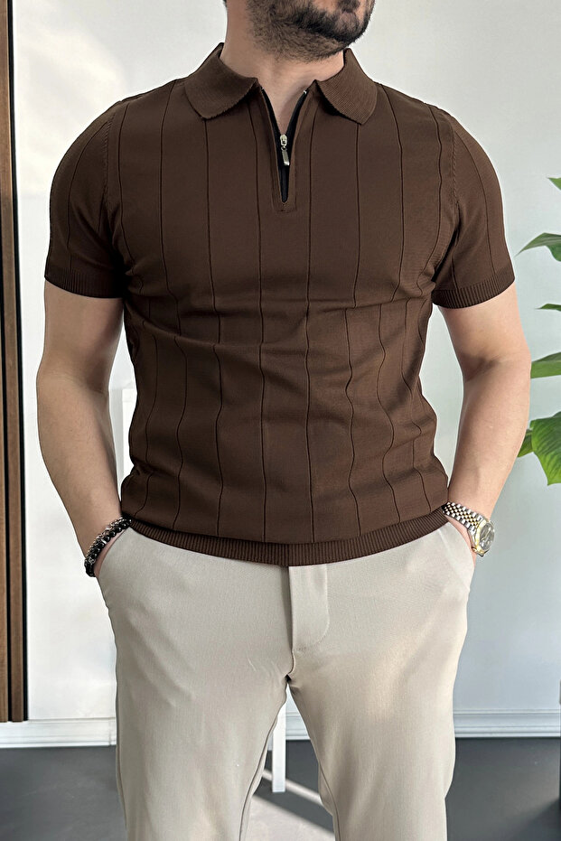 Men's Slim Fit Zippered Polo Collar T-Shirt Brown Edw452