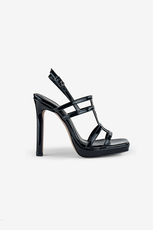 Women's Black Patent Leather Platform Heeled Shoes