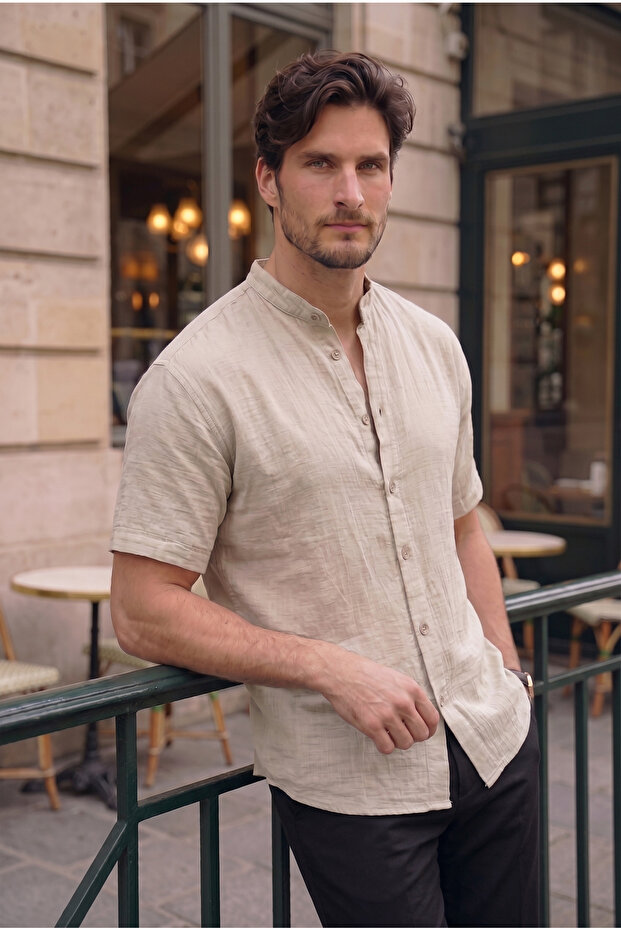 Hakim Collar Muslin Fabric Short Sleeve Shirt - Beige