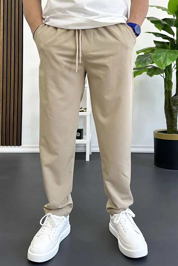 Men's Elastic Waist Jogger Trousers Beige Edw354