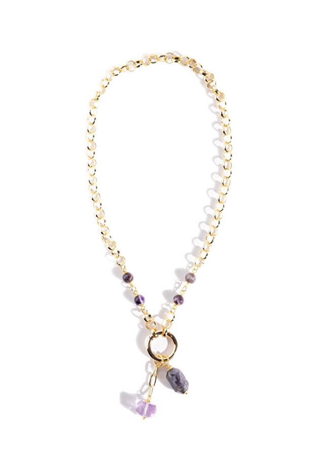 Gold Color Double Natural Stone Detailed Necklace