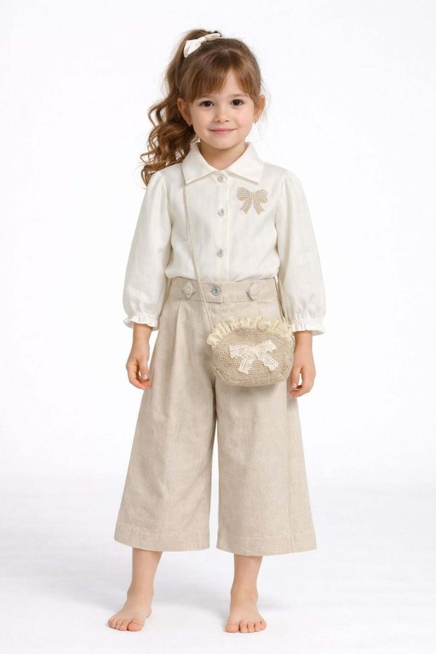 Girl's Shirt, Ribbon Detail, Bag, 3-Piece Set, 2-5 Years Old, Ecru