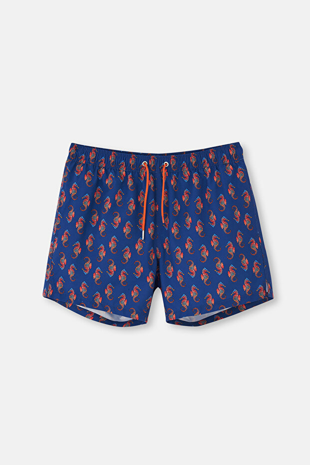 Navy Blue Seahorse Patterned Short Swim Shorts