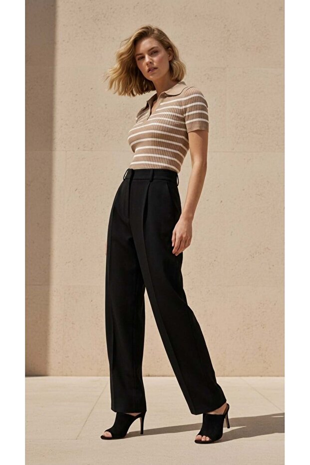 Beige Polo Collar Striped Knitwear Sweater