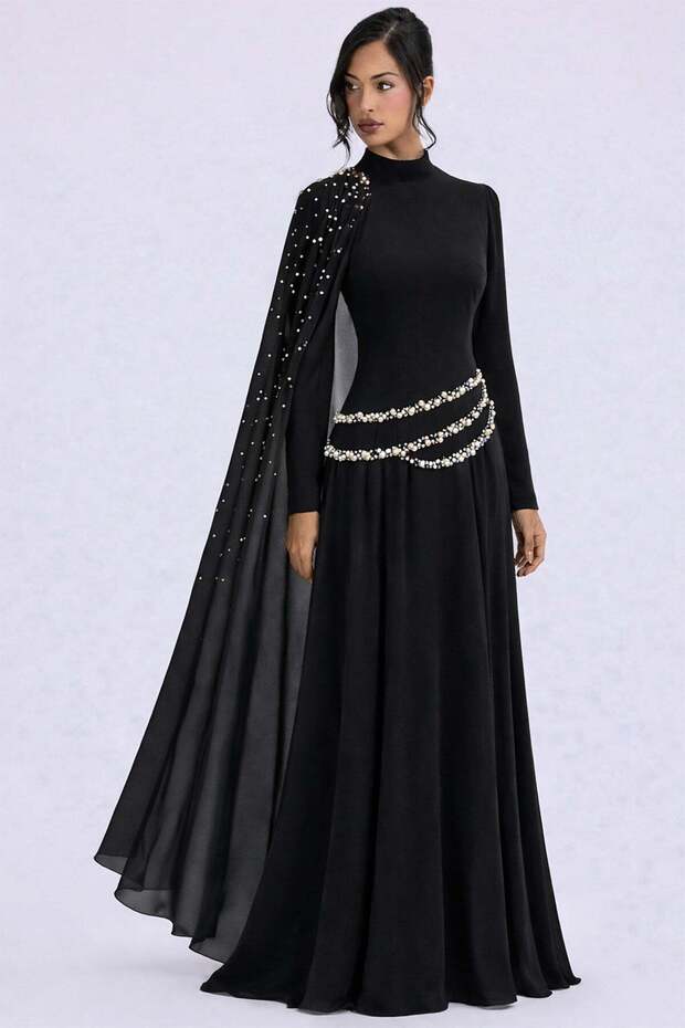 Exclusive Hijab Evening Dress with Cape and Pearl Detailing in Crepe-Chiffon Combination Black 1080