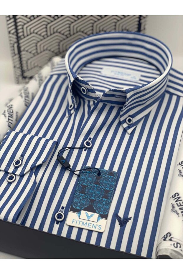 Slim Fit Long Sleeve Lycra Striped Collar Buttoned Gift Boxed Men's Shirt Fs-003669 - Cobalt Blue