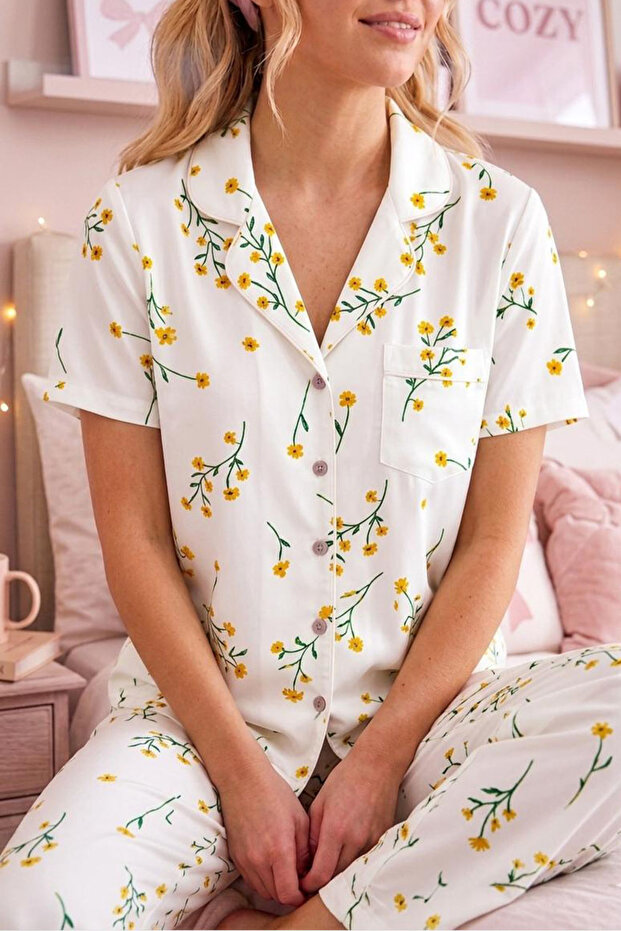 FİT WOMEN Çiçek Baskılı Bürümçük kumaş Kısa Kollu Pijama Takımı 6067
