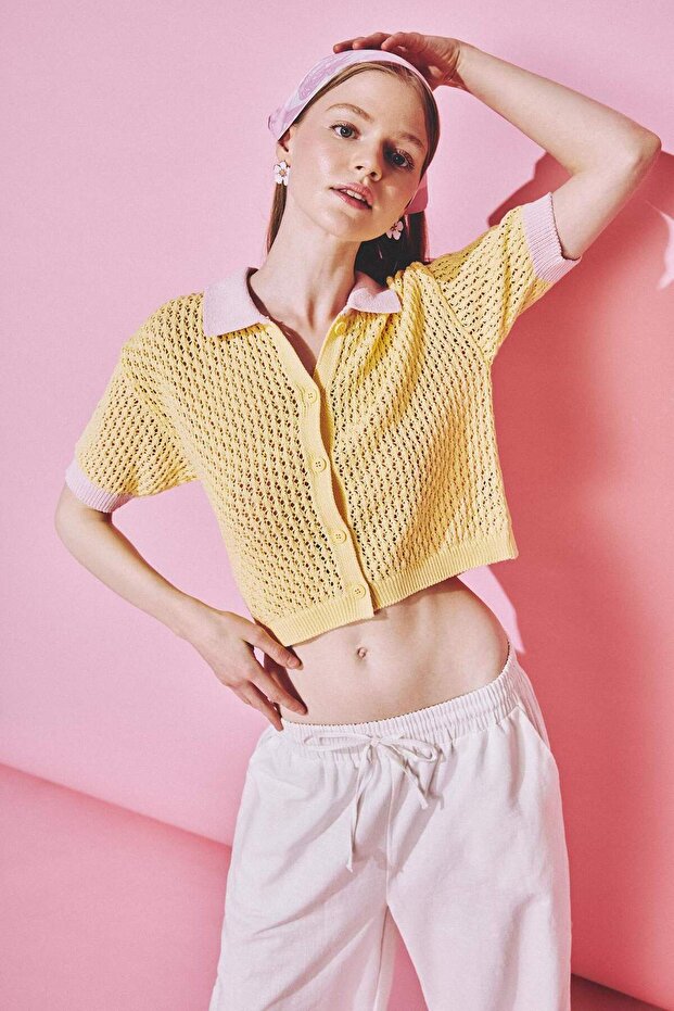 100% Cotton Yellow Polo Collar Knitwear Vest H6178Ax26Sm