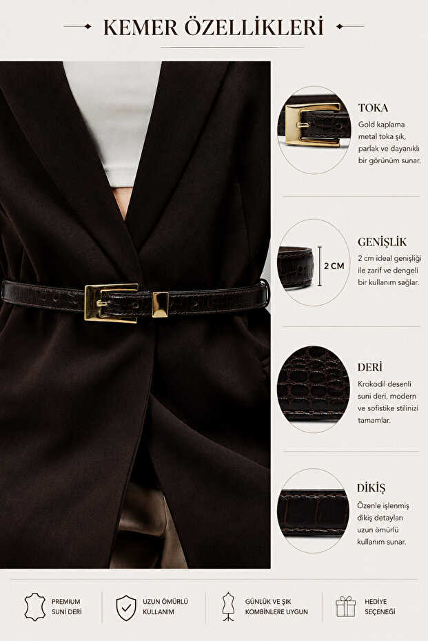 Women's Black Crocodile Patterned Gold Buckle Stylish Belt, Matching with Trousers, Dresses, and Jackets