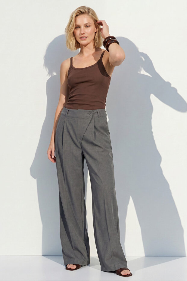 Women's Wide Leg Cross Design Fabric Trousers with Comfortable Fit and Elastic Waist