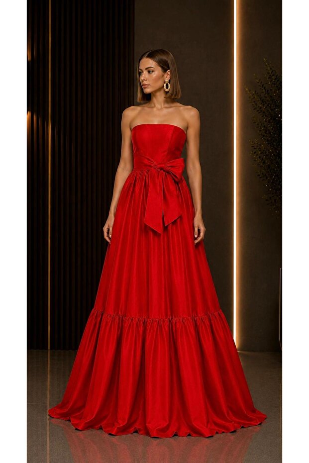 Maxi Skirt with Ruffle Detail, Stylish Strapless Event Dress Cou-82
