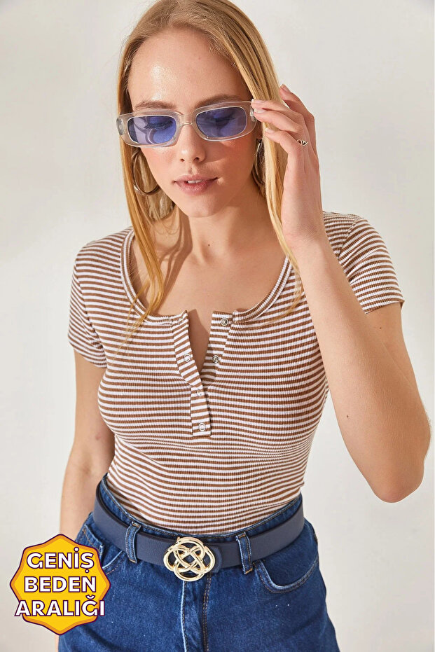 Women's Striped Beige Snap-On Camisole Blouse BLZ-19000171