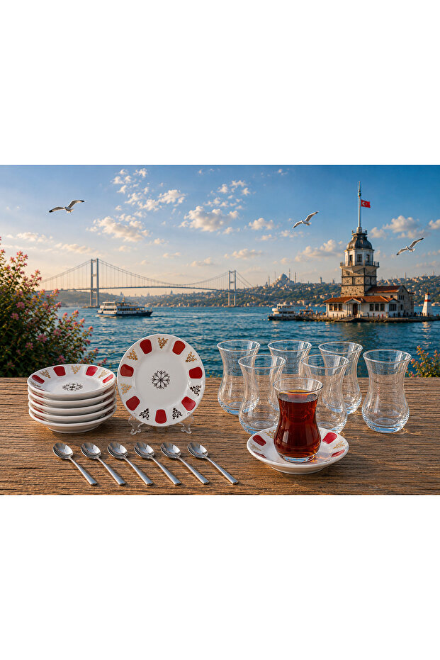 18 Piece Acem Tea Cup Set Authentic Red for 6 People