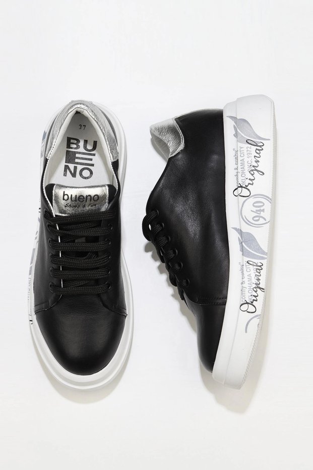 Black Silver Leather Women's Sports Shoes 01Wt4700