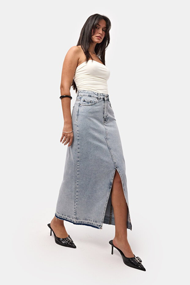 Women's Snow Denim Color Deep Slit High Waist Long Denim Skirt