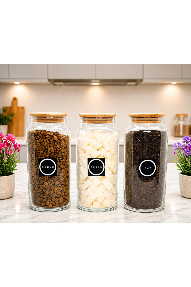 3-Piece Wooden Vacuum Lid Tea Sugar Coffee Glass Storage Jar 1400 ml with Sticker Gift